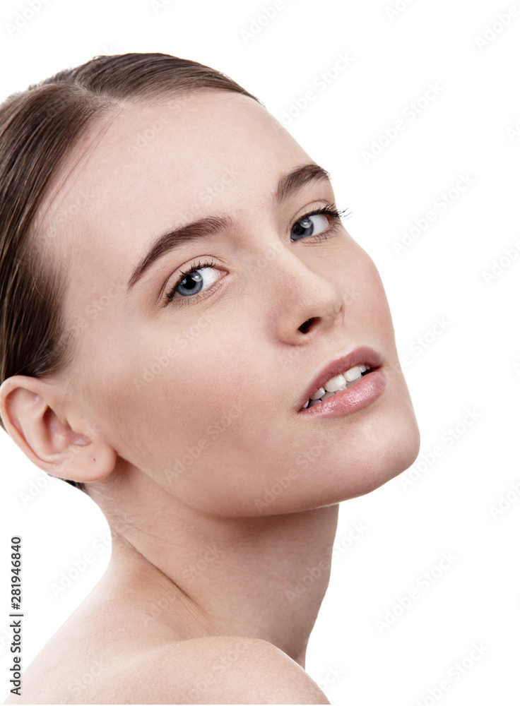 Close-up of a young girl on a white isolated background