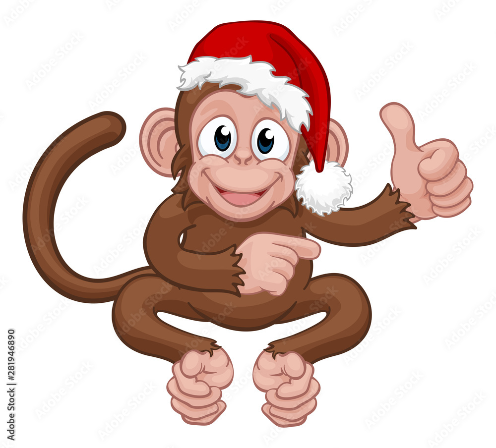 A Christmas monkey animal cartoon character in a Santa hat giving thumbs up and pointing A Christmas monkey animal cartoon character in a Santa hat giving thumbs up and pointing