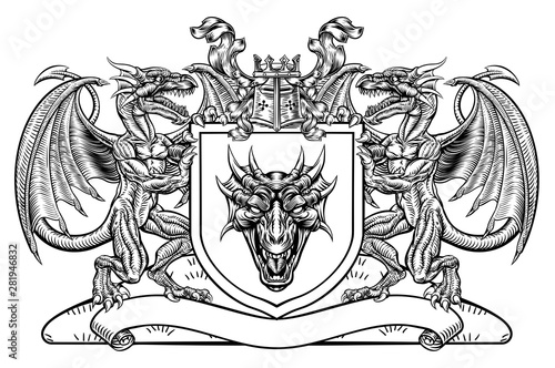 A medieval heraldic coat of arms emblem. Featuring dragon supporters flanking shield charge with knights helmet great helm crown crest and filigree leaf mantling in a vintage retro woodblock style.