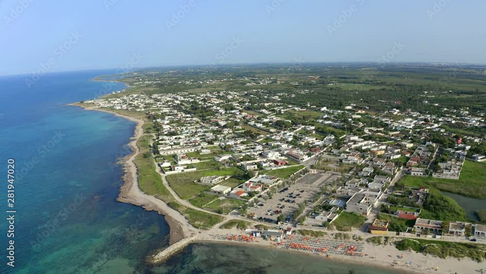Aerial view, public beach by the sea, Spiaggiabella Beach,, Torre Rinalda, Lecce, Apulia, Italy Aerial view, public beach by the sea, Spiaggiabella Beach,, Torre Rinalda, Lecce, Apulia, Italy