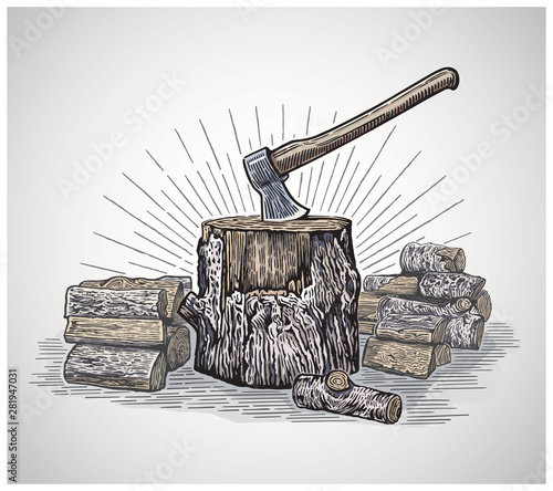 Ax in a wooden stump surrounded by chopped logs, illustration in a graphic style and painted in color