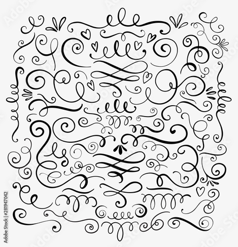 Hand drawn decorative curls and swirls. A collection of vintage vector design elements. Ink illustration.