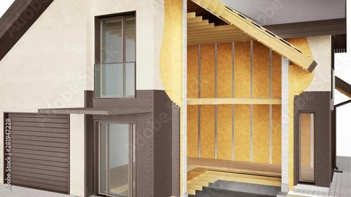 Cutaway of house. Visible structures, interior and insulation. Brown bricks. 60 fps animation.