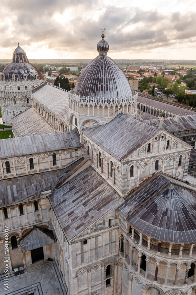 Duomo (cathedral) and Baptistery from the Leaning Tower. Piazza dei Miracoli (Square of Miracles), Pisa, Tuscany, Italy