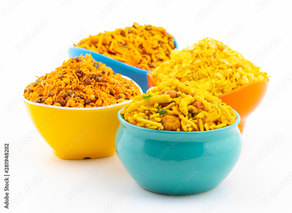 Indian Traditional Namkeen Food on White Background Indian Traditional Namkeen Food on White Background
