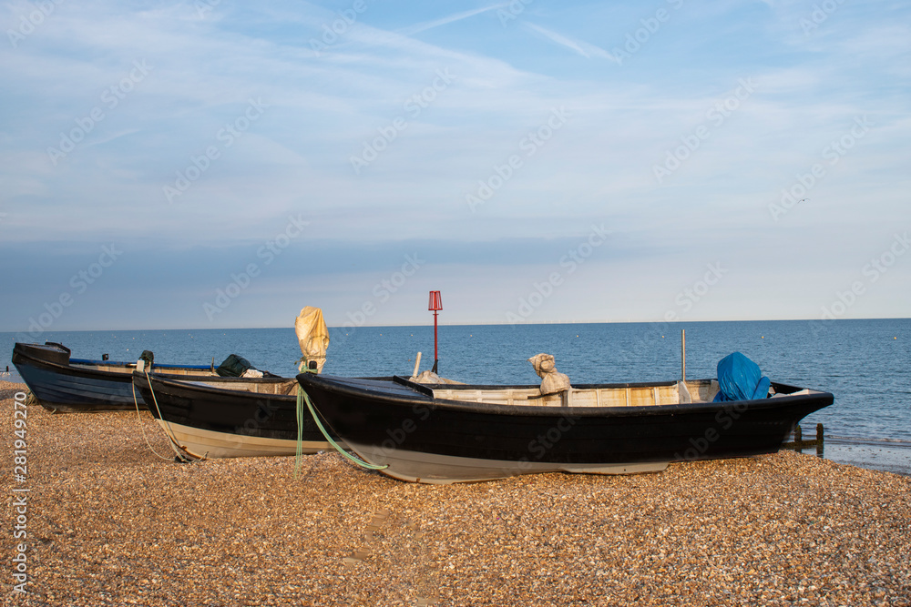 Fototapeta premium Fishing Boats on the Seafront of Bognor Regis on a Beautiful Summer's Evening.