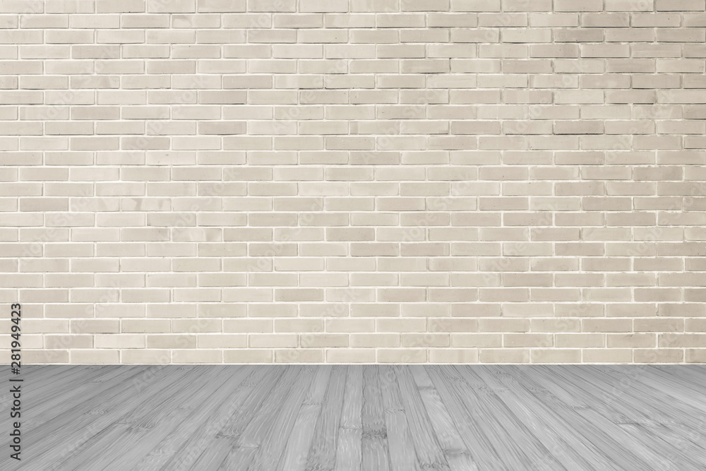Cream brown brick wall textured background with wooden floor in sepia grey for interiors
