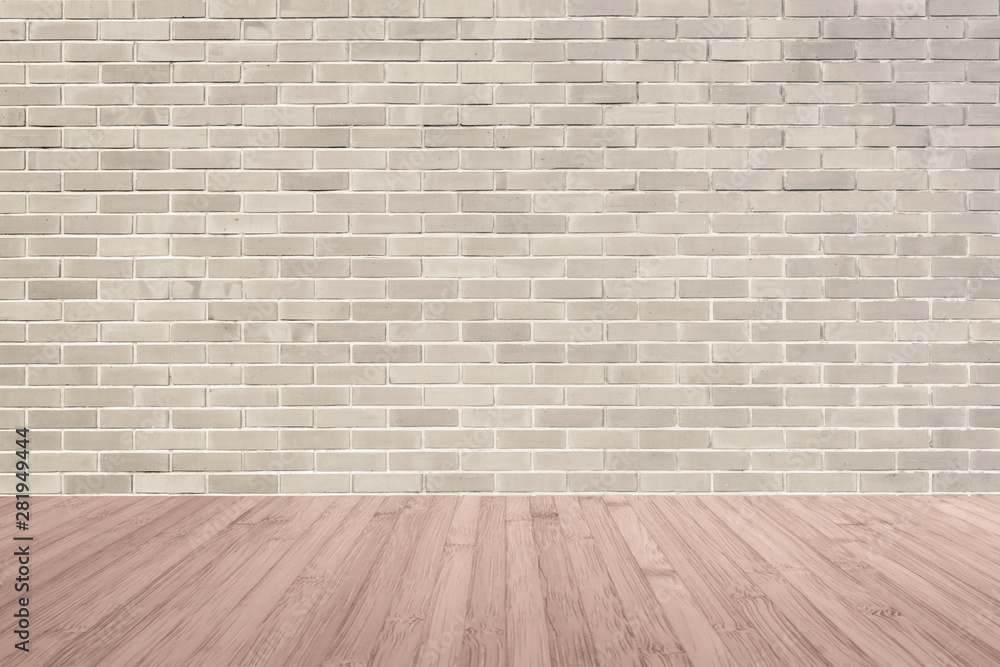 Brick wall texture background with wooden floor in red brown
