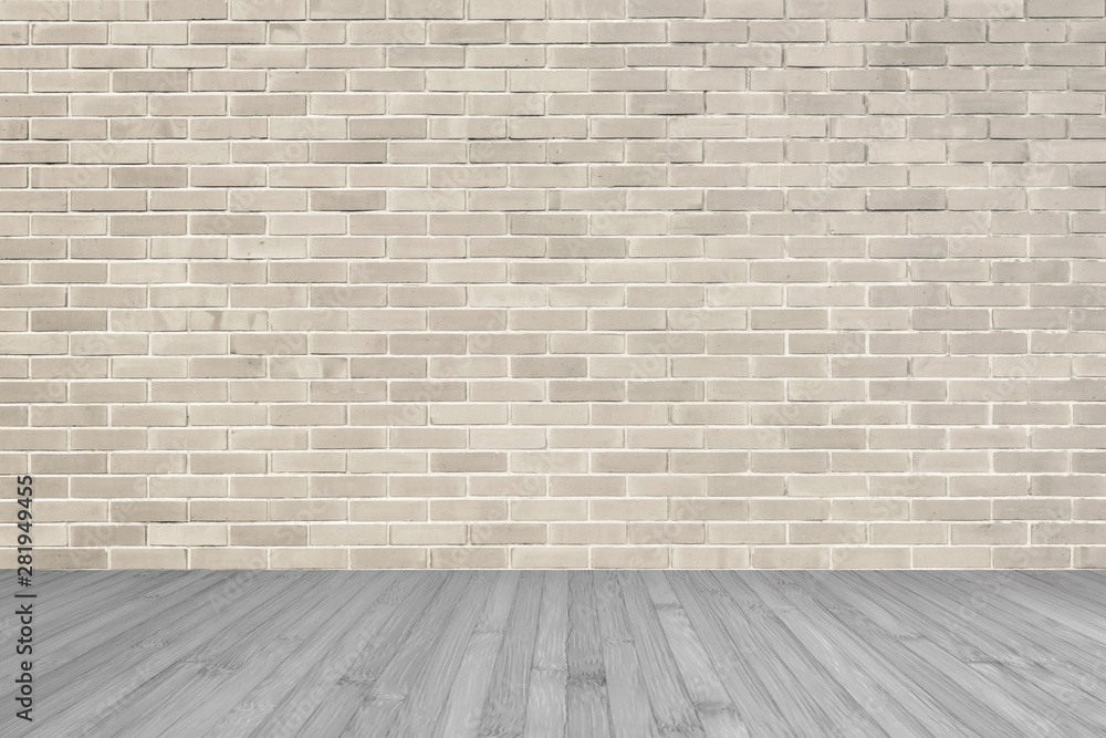 Sepia brown brick wall texture background with wooden floor in grey