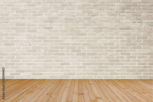 Cream brown brick wall textured background with wooden floor in yellow brown for interiors