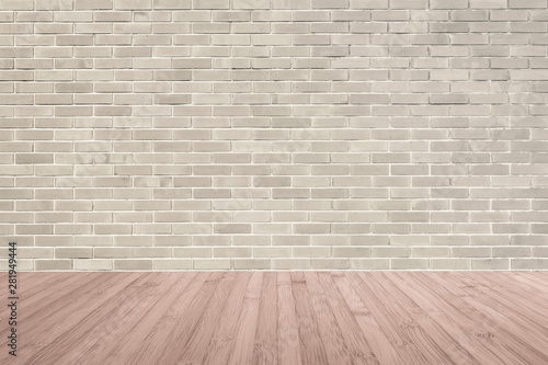 Brick wall texture background with wooden floor in red brown