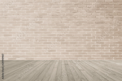 Brick wall in antique pink brown texture background with wood floor in sepia color