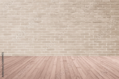 Brick wall in antique beige brown texture background with wood floor in red brown