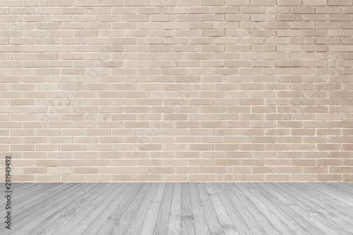 Brick wall in antique pink brown texture background with wood floor in grey