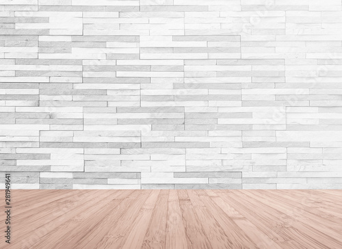 White grey brick tile textured wall with wood floor in light red brown background for interior decoration