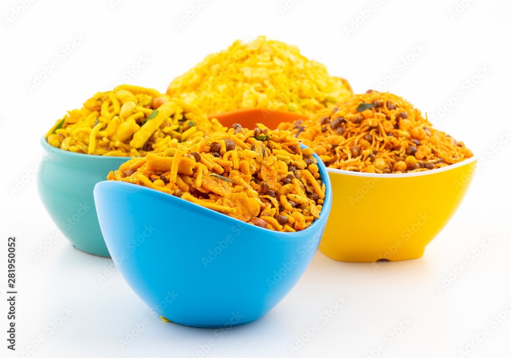 Indian Traditional Namkeen Food on White Background Indian Traditional Namkeen Food on White Background
