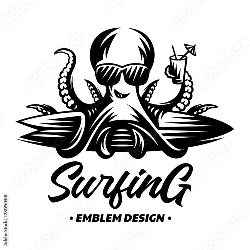 Octopus in sunglasses with cocktail and surfboard - surfing emblems, illustrations, t-shirt designs vector on white background