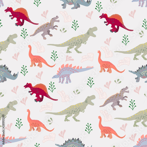 Cute dinosaurs and leaves seamless pattern