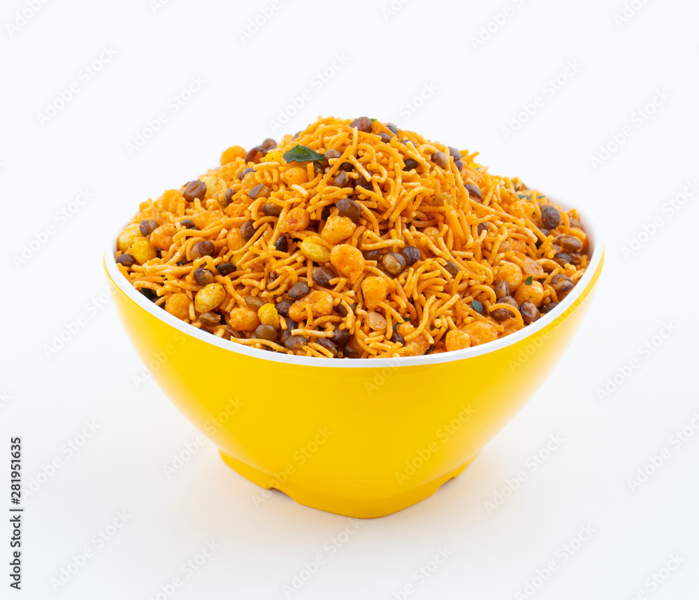 Indian Traditional Namkeen Food on White Background Indian Traditional Namkeen Food on White Background