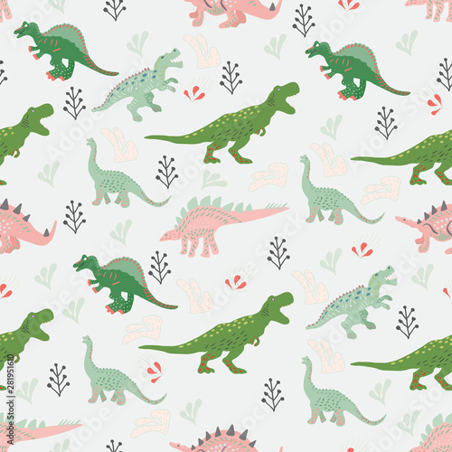 Pink and green dinosaurs hand drawn seamless pattern