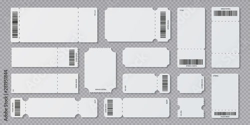 Empty ticket template. Concert movie theater and boarding blank white tickets, lottery coupons with ruffle edges. Vector isolated modern coupon set for travelling festival airplane photo
