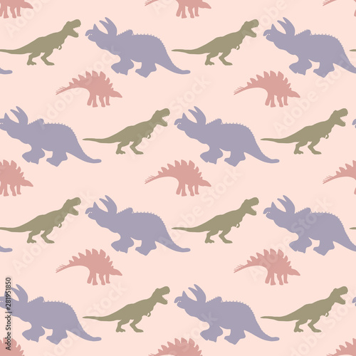 Pastel colour dinosaurs silhouette seamless pattern on pink background