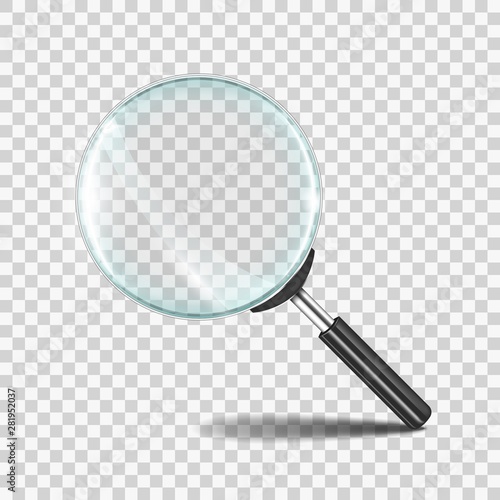 Magnifying glass. Realistic zoom lens icon with transparent glass, research loupe 3D concept. Vector magnifier zoom search tool symbol