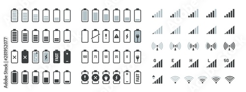 Battery icons. Black charge level gsm and wifi signal strength, smartphone UI elements set. Vector full low and empty charge status, smart sign progression load photo