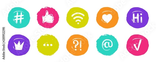Hashtag social banners. Trendy blogs quotes on speech bubbles, popular image formats social media topics. Vector fun hand doodle icon set
