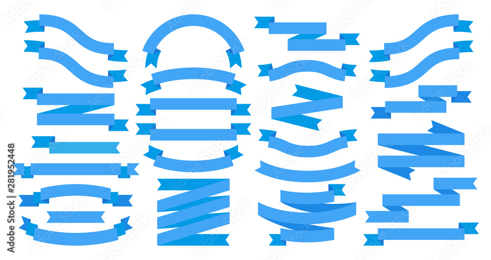 Ribbons. Blue flat banners isolated on white, ribbon design elements for text. Vector graphic curves shape icon template set for holiday or retro message Ribbons. Blue flat banners isolated on white, ribbon design elements for text. Vector graphic curves shape icon template set for holiday or retro message