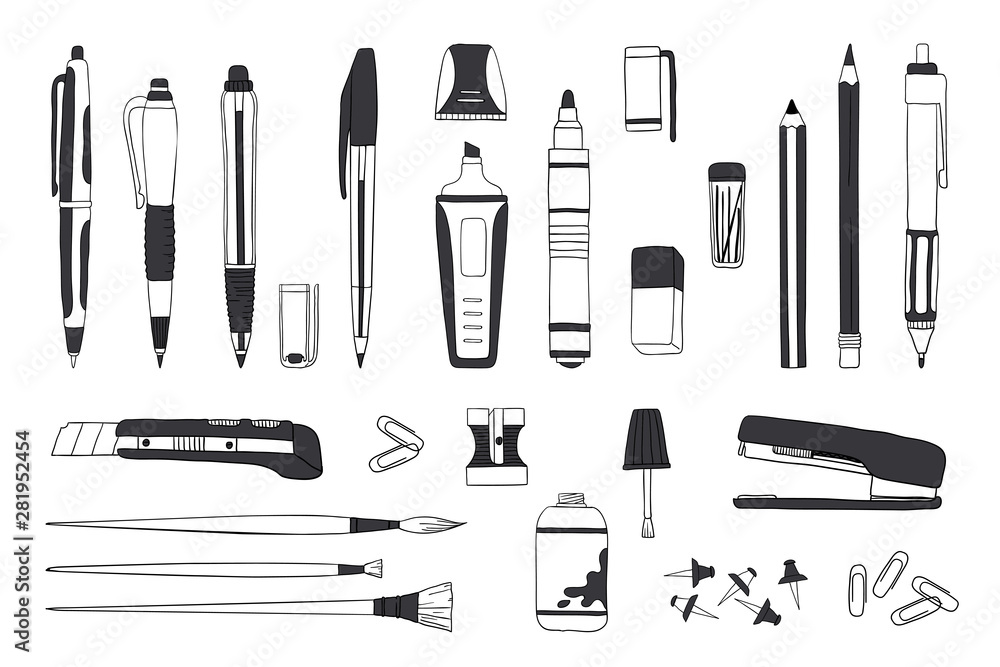 Hand drawn stationery. Doodle pen pencil and paintbrush tools, school and  office accessories sketch. Vector illustrations sketch stationery set for  calligraphy or office work Stock-Vektorgrafik | Adobe Stock