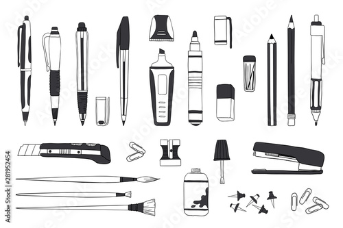 Hand drawn stationery. Doodle pen pencil and paintbrush tools, school and office accessories sketch. Vector illustrations sketch stationery set for calligraphy or office work photo