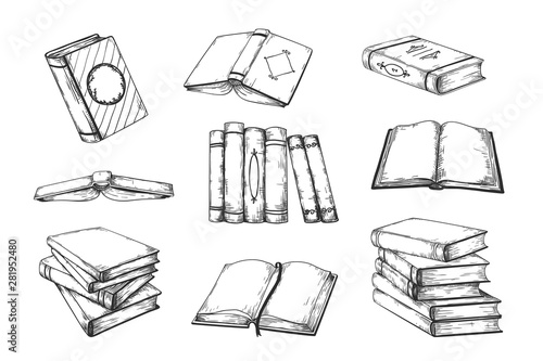 Hand drawn books. Vintage open and closed doodle books in stack and pile, school and college educational literature. Vector sketch vintage illustrations set