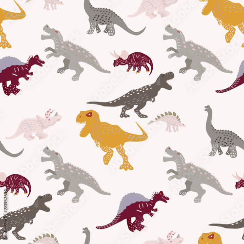 Hand drawn dinosaurs seamless pattern on beige background