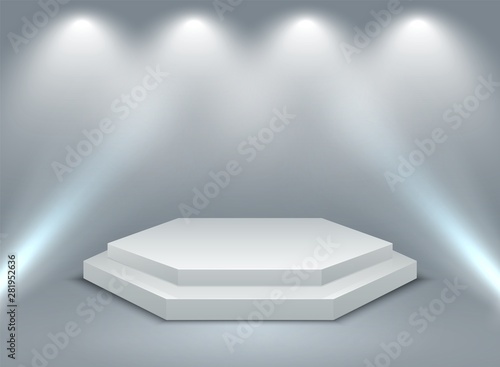 Hexagonal illuminated podium. 3D two-stage podium, pedestal or platform with spotlights lighting. Vector illustration spot award staging