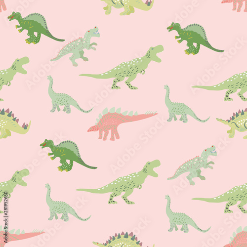 Fototapeta Naklejka Na Ścianę i Meble -  Green dinosaurs seamless pattern on pink background