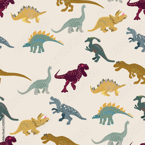 Colourful predators seamless pattern on brown background