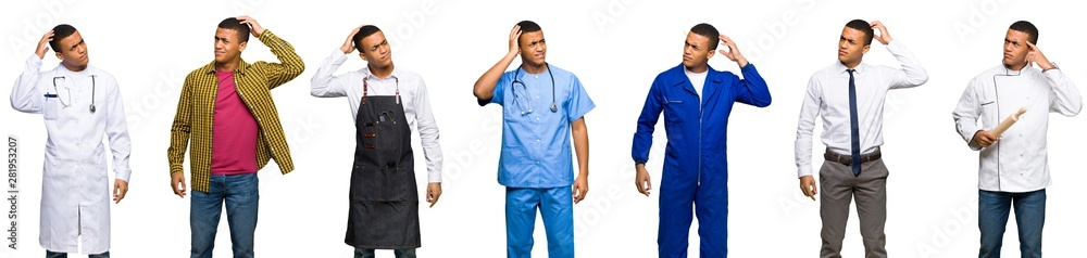 Set of doctor, barber and businessman having doubts while scratching head Set of doctor, barber and businessman having doubts while scratching head