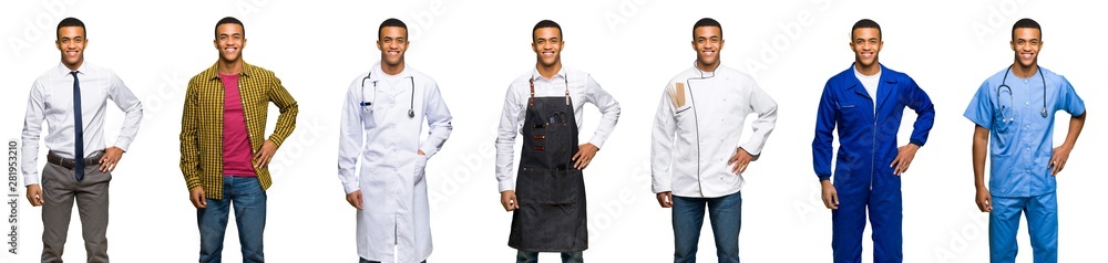 Set of doctor, barber and businessman posing with arms at hip and smiling Set of doctor, barber and businessman posing with arms at hip and smiling