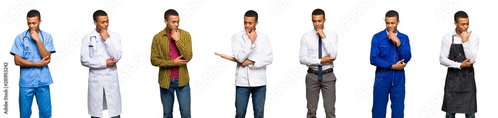 Set of doctor, barber and businessman looking down with the hand on the chin Set of doctor, barber and businessman looking down with the hand on the chin