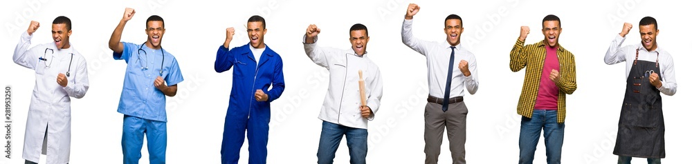 Set of doctor, barber and businessman celebrating a victory Set of doctor, barber and businessman celebrating a victory