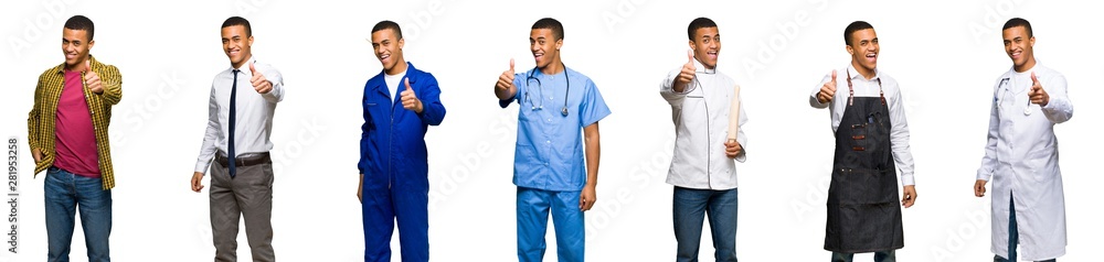 Set of doctor, barber and businessman giving a thumbs up gesture because something good has happened Set of doctor, barber and businessman giving a thumbs up gesture because something good has happened
