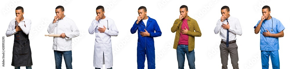 Set of doctor, barber and businessman is suffering with cough and feeling bad