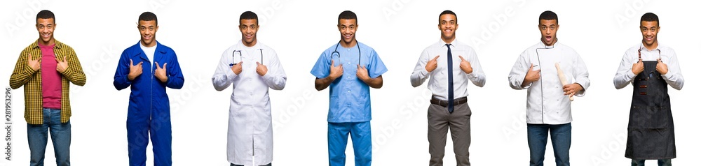 Set of doctor, barber and businessman with surprise facial expression Set of doctor, barber and businessman with surprise facial expression