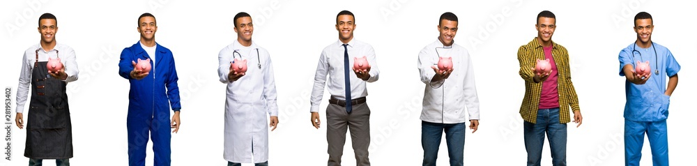 Set of doctor, barber and businessman holding a piggybank Set of doctor, barber and businessman holding a piggybank