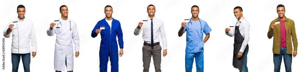 Set of doctor, barber and businessman holding a credit card Set of doctor, barber and businessman holding a credit card