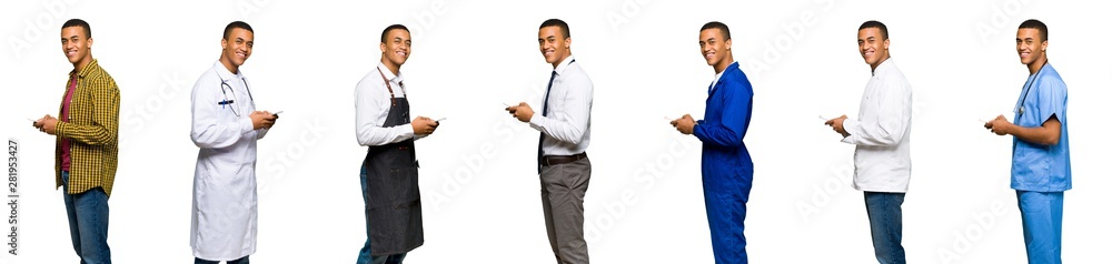 Set of doctor, barber and businessman sending a message with the mobile Set of doctor, barber and businessman sending a message with the mobile