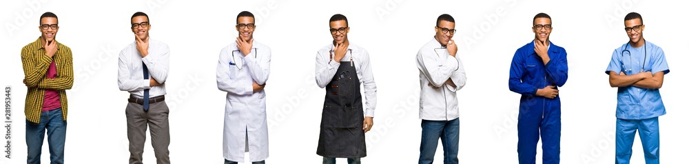 Set of doctor, barber and businessman with glasses and smiling Set of doctor, barber and businessman with glasses and smiling