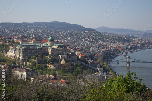 Skyline view of Buda Castle Royal Palace with Szechenyi Chain Bridge leading across the danube river.