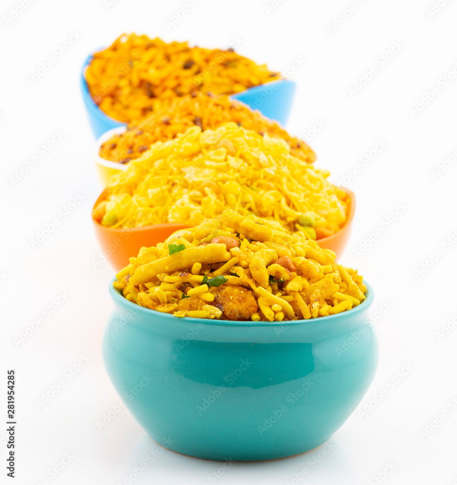 Indian Traditional Namkeen Food on White Background Indian Traditional Namkeen Food on White Background